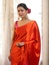 Banarasee Handloom Satin Hand Dyed Saree With Mirror Work-Orange & Pink