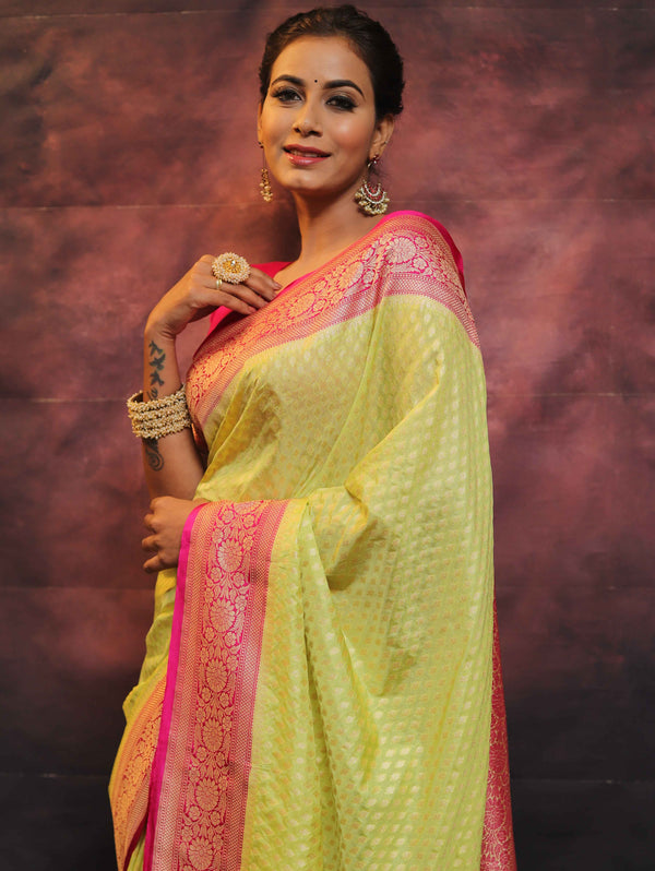 Banarasee Semi-Katan Zari Buta Saree-Yellow & Pink