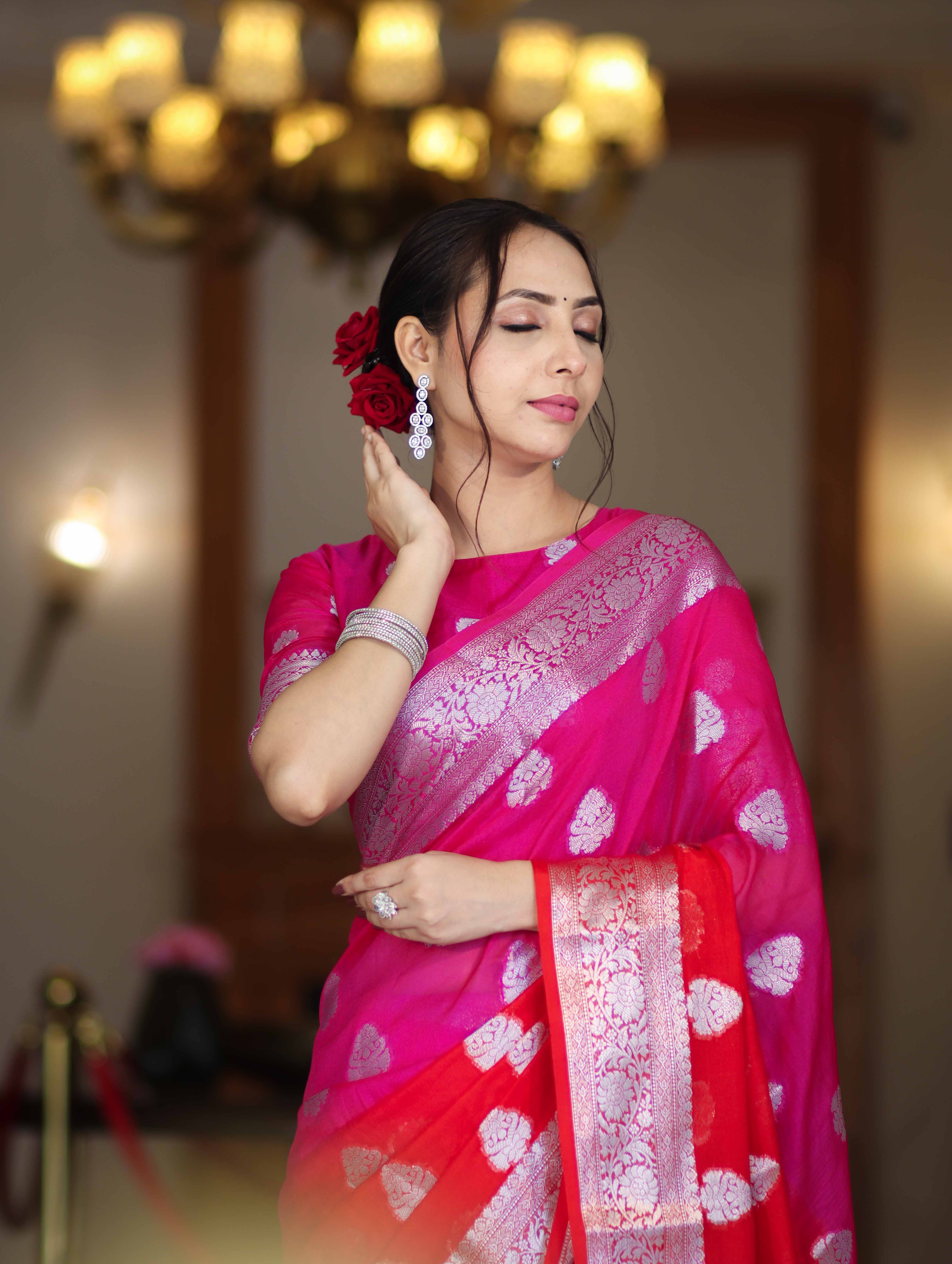 Banarasee Handwoven Dual Color Semi-Chiffon Saree With Zari Work-Pink & Red