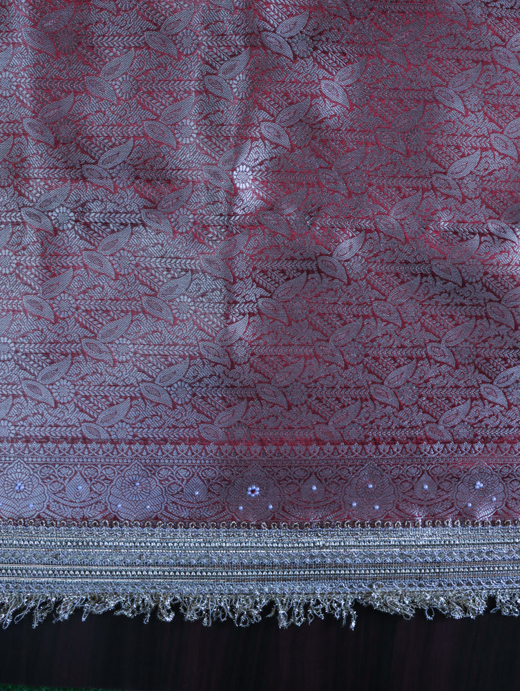 Banarasee Handloom Tissue Saree With Handwoven Pearl Motifs Zari Work & Lace-Red