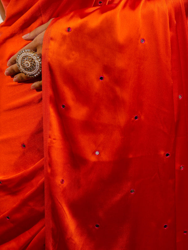 Banarasee Handloom Satin Hand Dyed Saree With Mirror Work-Orange & Pink
