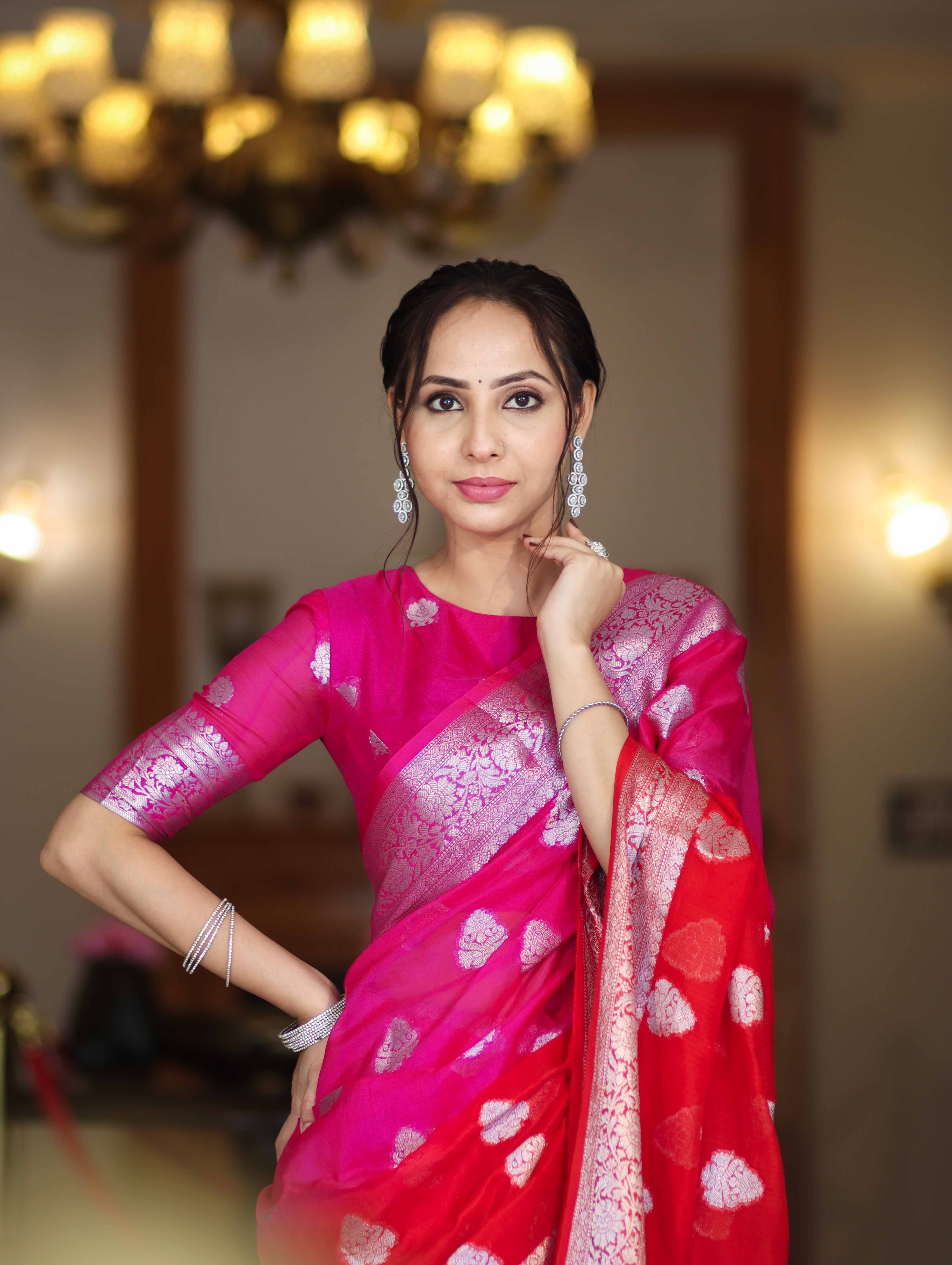 Banarasee Handwoven Dual Color Semi-Chiffon Saree With Zari Work-Pink & Red