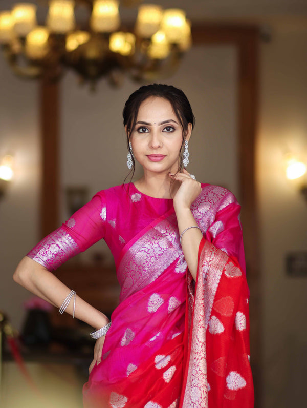 Banarasee Handwoven Dual Color Semi-Chiffon Saree With Zari Work-Pink & Red