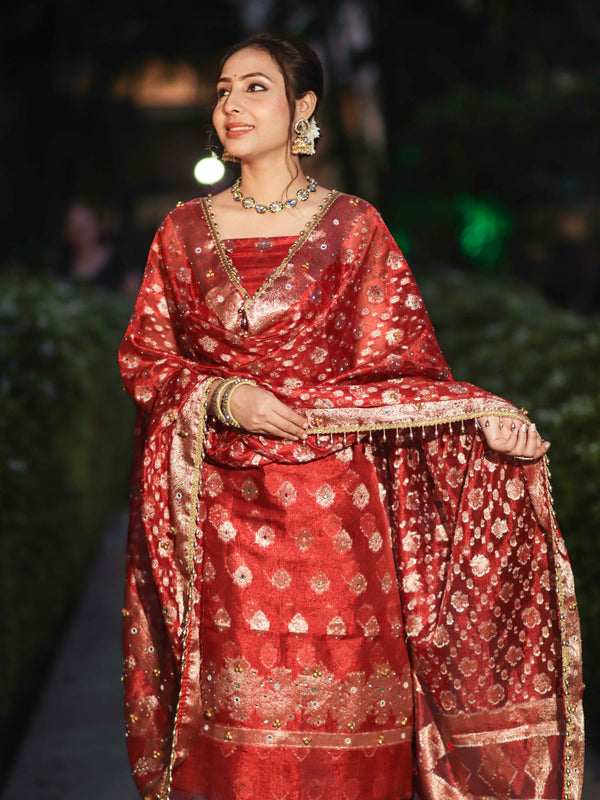 Banarasee Tissue Hand Embroidered Ghungroo Work Salwar Kameez Fabric With Dupatta Set-Red