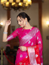 Banarasee Handwoven Dual Color Semi-Chiffon Saree With Zari Work-Pink & Red
