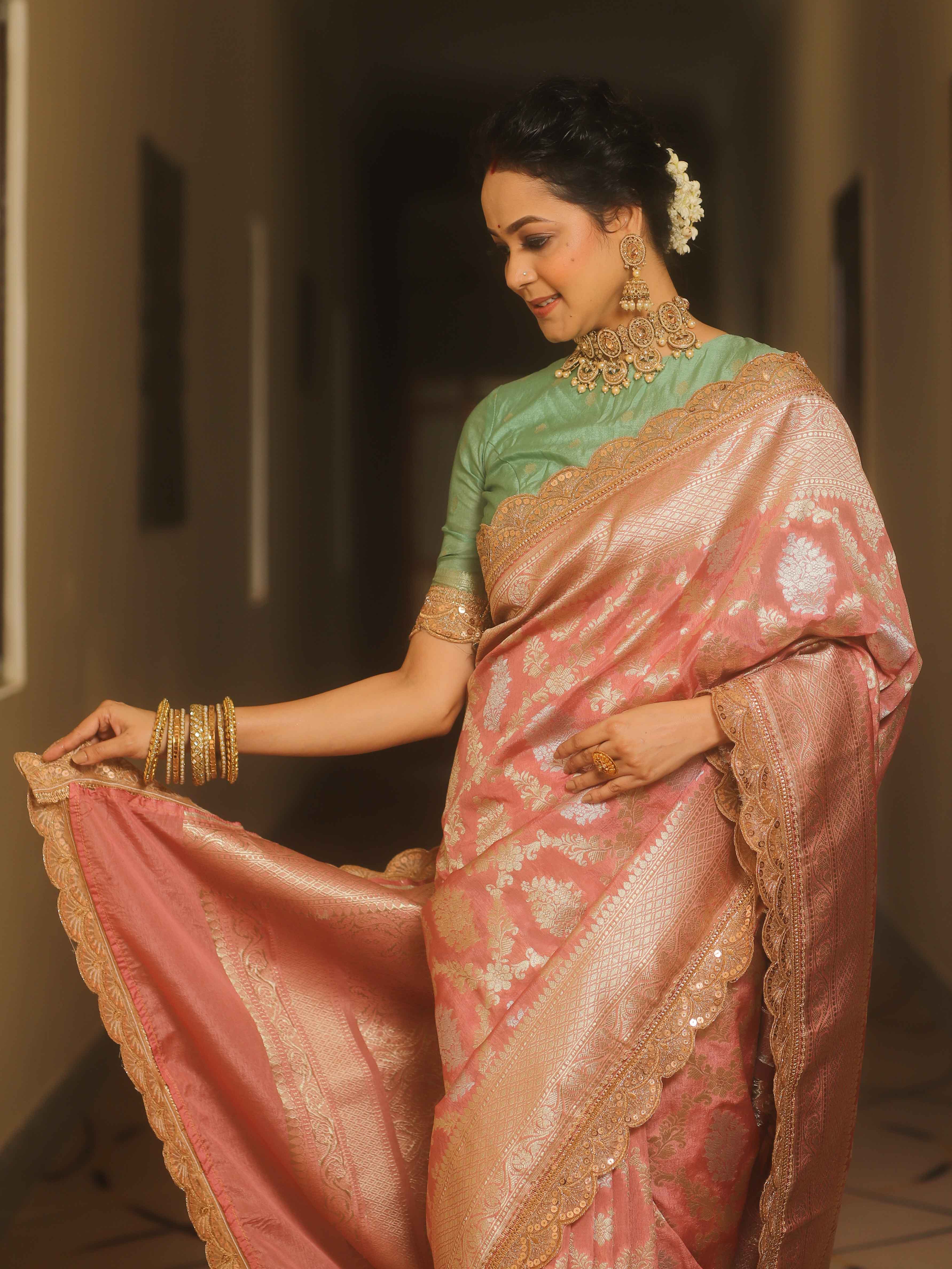 Banarasee Handwoven Georgette Saree With Zari Jaal Lace Border & Contrast Blouse-Onion Pink