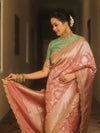 Banarasee Handwoven Georgette Saree With Zari Jaal Lace Border & Contrast Blouse-Onion Pink