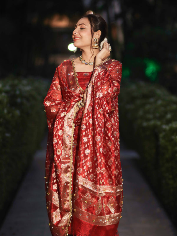 Banarasee Tissue Hand Embroidered Ghungroo Work Salwar Kameez Fabric With Dupatta Set-Red
