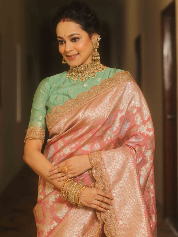 Banarasee Handwoven Georgette Saree With Zari Jaal Lace Border & Contrast Blouse-Onion Pink