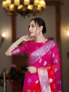 Banarasee Handwoven Dual Color Semi-Chiffon Saree With Zari Work-Pink & Red