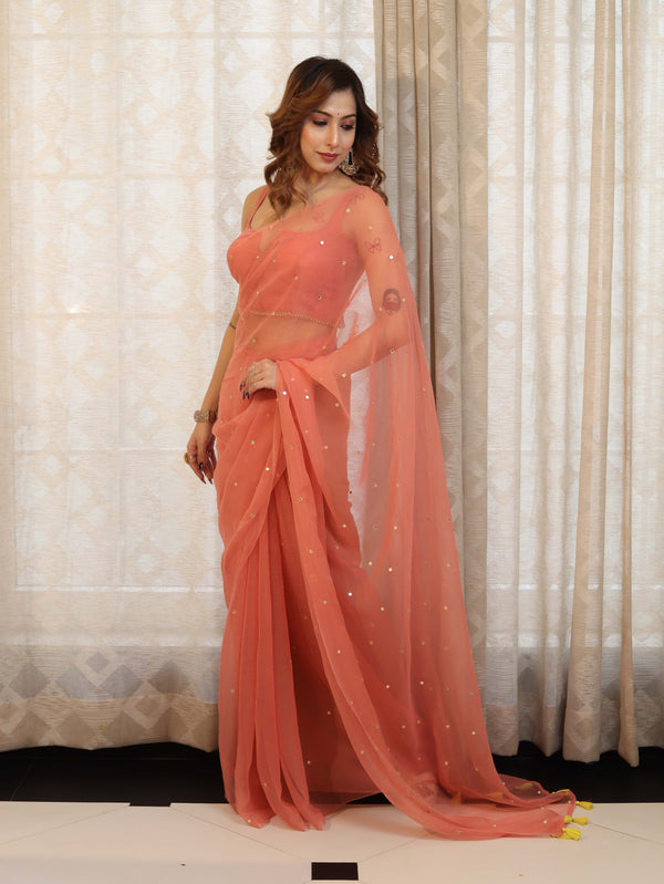 Banarasee Handwoven Semi Chiffon Saree With Mirror Work-Peach