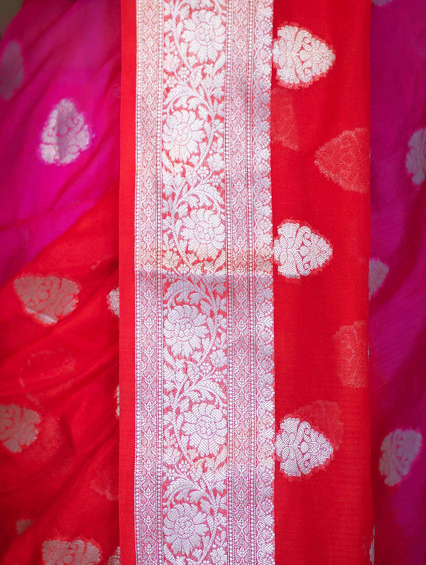 Banarasee Handwoven Dual Color Semi-Chiffon Saree With Zari Work-Pink & Red