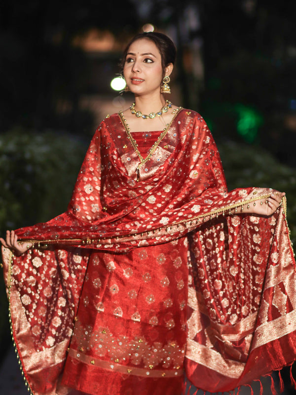 Banarasee Tissue Hand Embroidered Ghungroo Work Salwar Kameez Fabric With Dupatta Set-Red