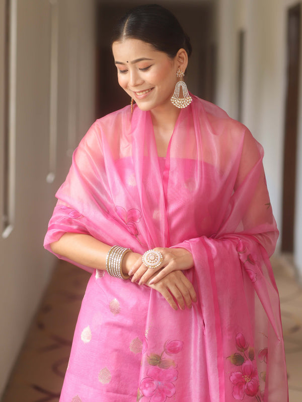 Banarasee Chanderi Zari Buti Salwar Kameez Fabric With Organza Handpaint Dupatta Set-Pink