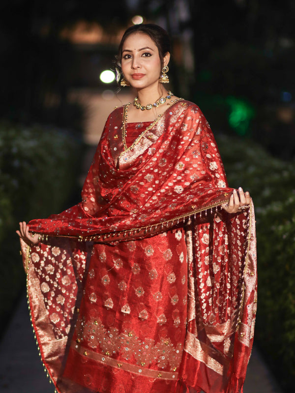 Banarasee Tissue Hand Embroidered Ghungroo Work Salwar Kameez Fabric With Dupatta Set-Red