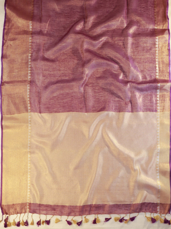 Banarasee Pure Linen By Tissue Metallic Shine Saree With Brocade Blouse-Violet