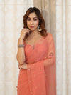 Banarasee Handwoven Semi Chiffon Saree With Mirror Work-Peach