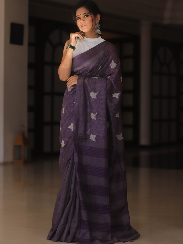 Bhagalpur Cotton Silk Ghichha Work Embroidered Saree-Violet