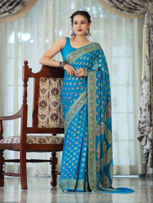 Banarasee Handloom Pure Chiffon Saree With Resham Work-Sky Blue