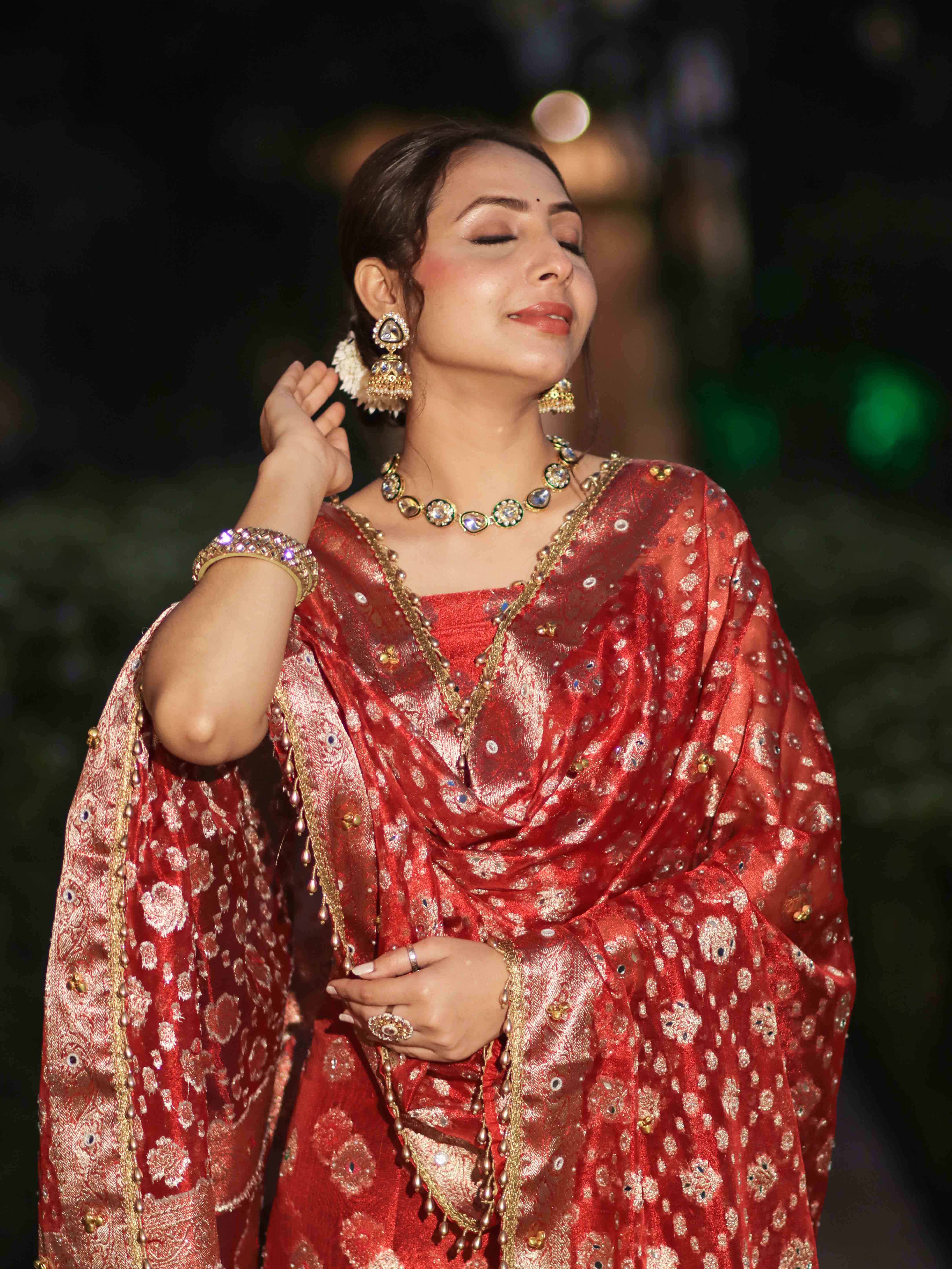 Banarasee Tissue Hand Embroidered Ghungroo Work Salwar Kameez Fabric With Dupatta Set-Red