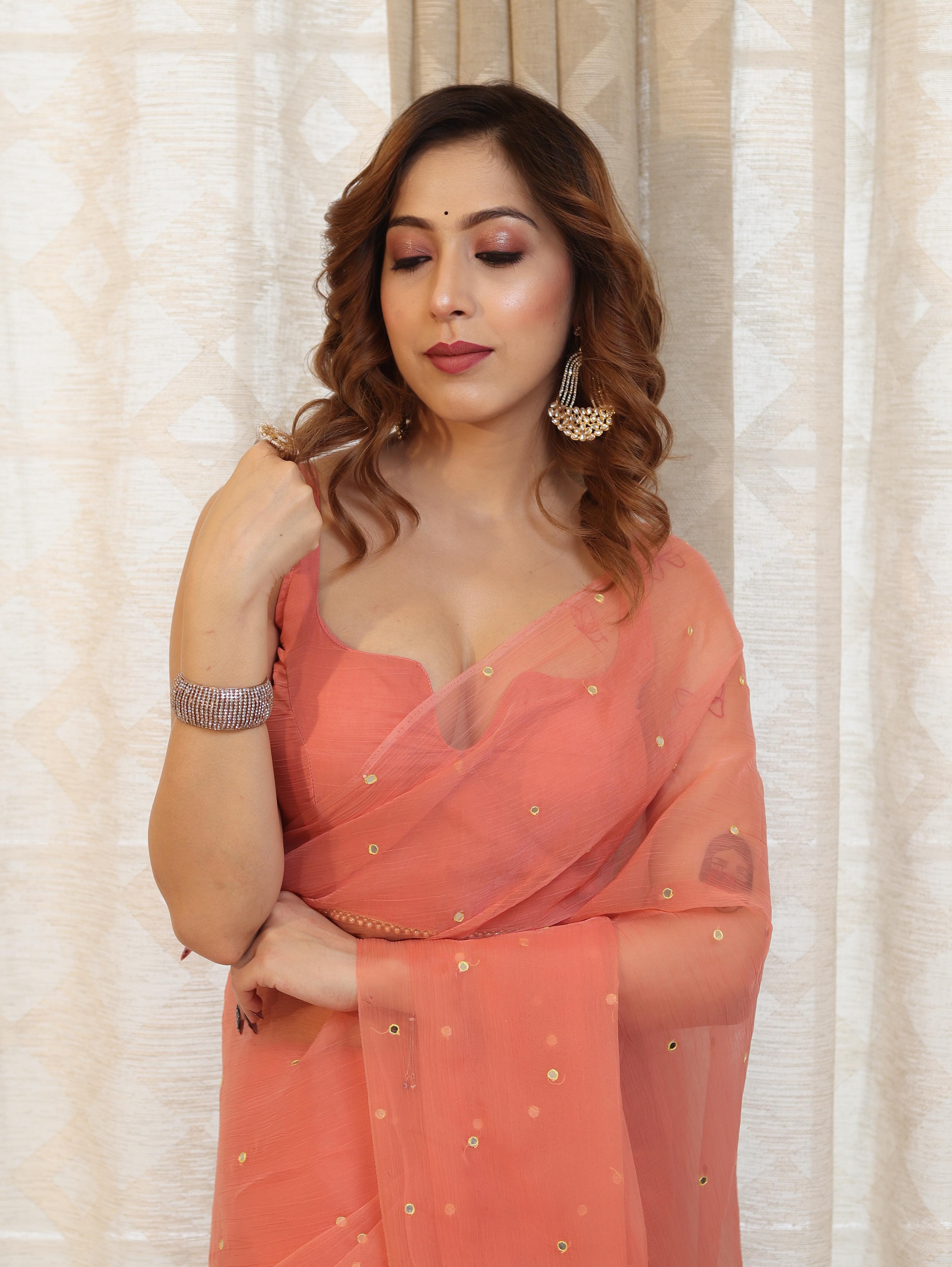 Banarasee Handwoven Semi Chiffon Saree With Mirror Work-Peach