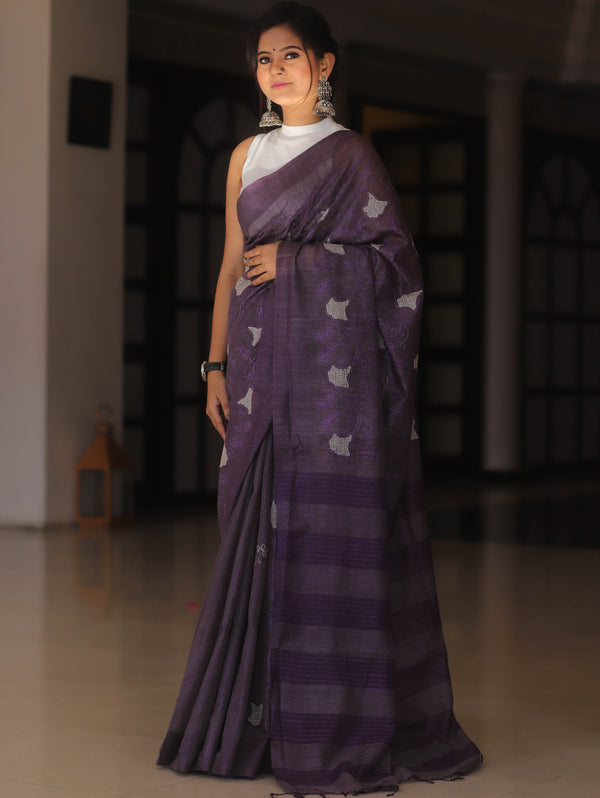 Bhagalpur Cotton Silk Ghichha Work Embroidered Saree-Violet