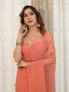 Banarasee Handwoven Semi Chiffon Saree With Mirror Work-Peach