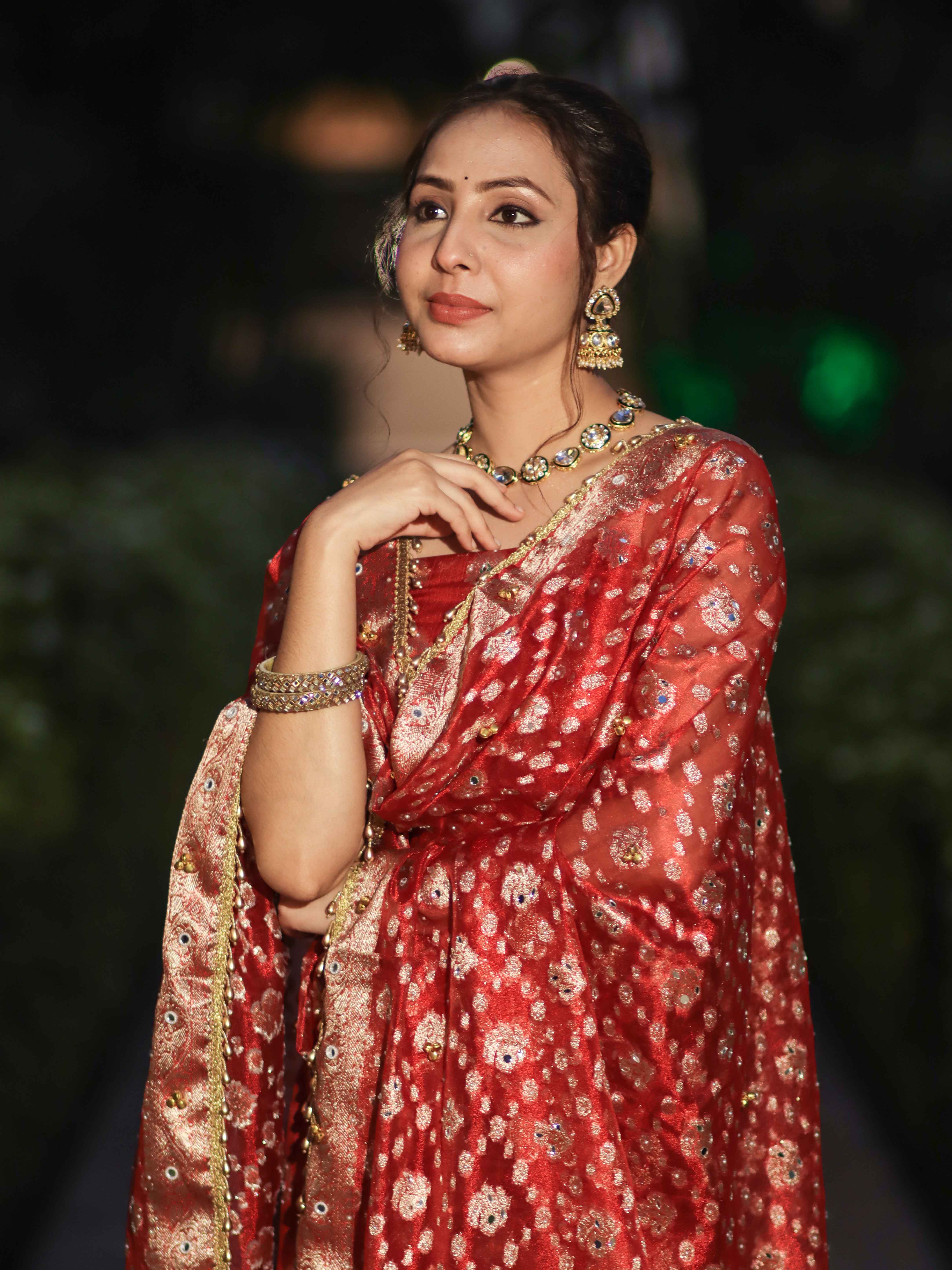 Banarasee Tissue Hand Embroidered Ghungroo Work Salwar Kameez Fabric With Dupatta Set-Red