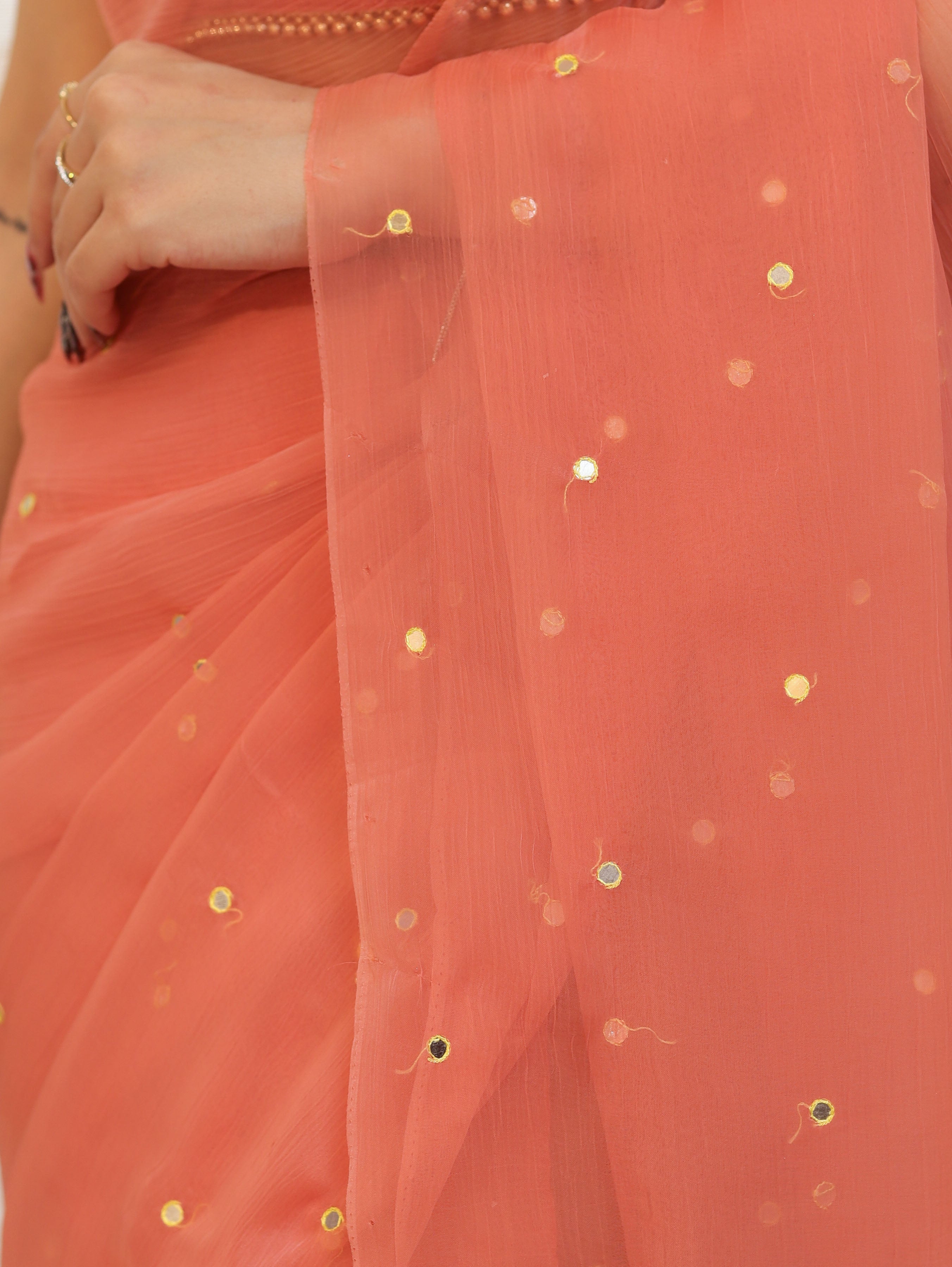 Banarasee Handwoven Semi Chiffon Saree With Mirror Work-Peach