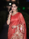 Banarasee Tissue Silk Saree With Zari Stripes & Resham Floral Embroidered Broad Border-Peachy Pink