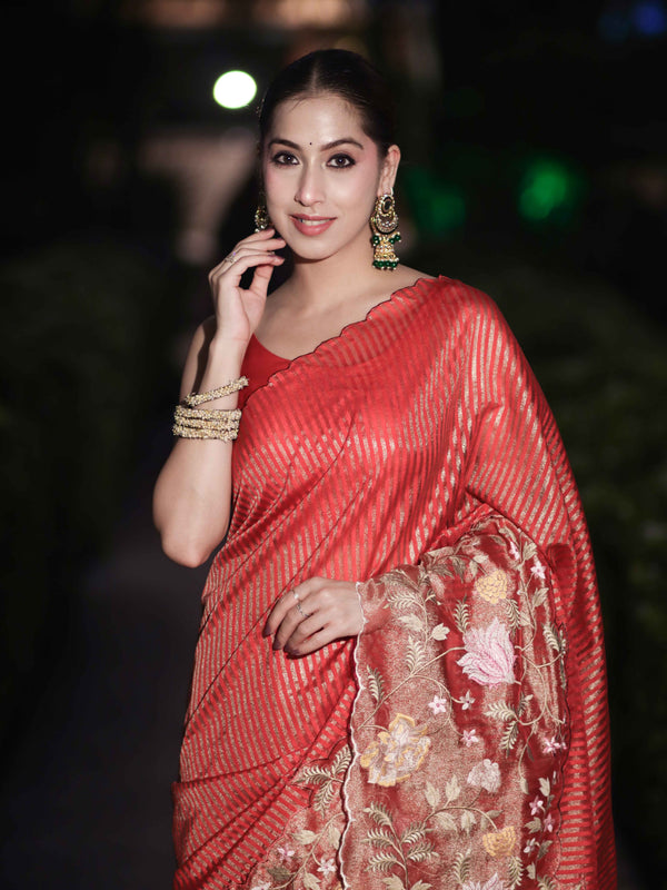 Banarasee Tissue Silk Saree With Zari Stripes & Resham Floral Embroidered Broad Border-Peachy Pink