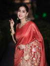 Banarasee Tissue Silk Saree With Zari Stripes & Resham Floral Embroidered Broad Border-Peachy Pink