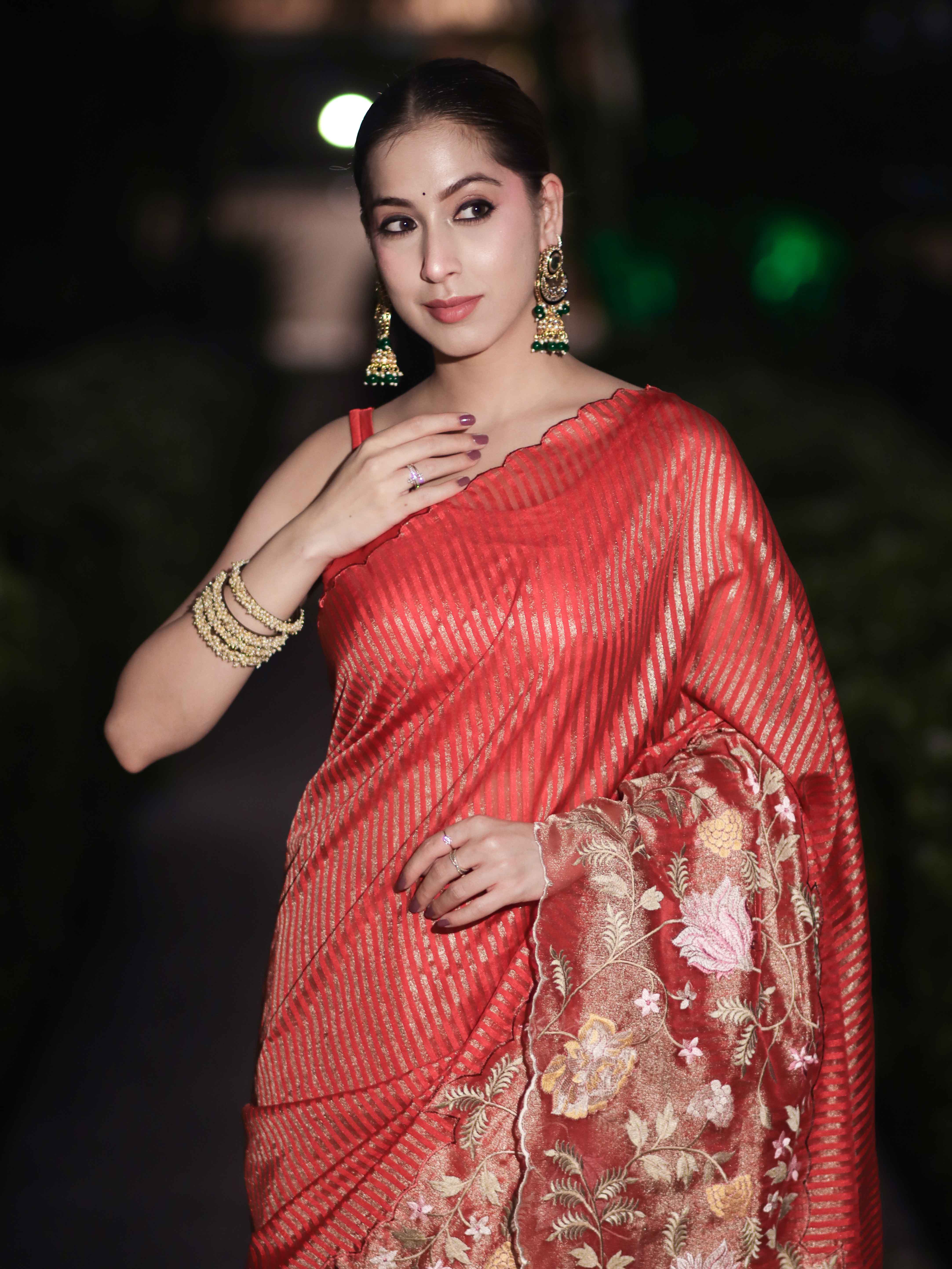 Banarasee Tissue Silk Saree With Zari Stripes & Resham Floral Embroidered Broad Border-Peachy Pink