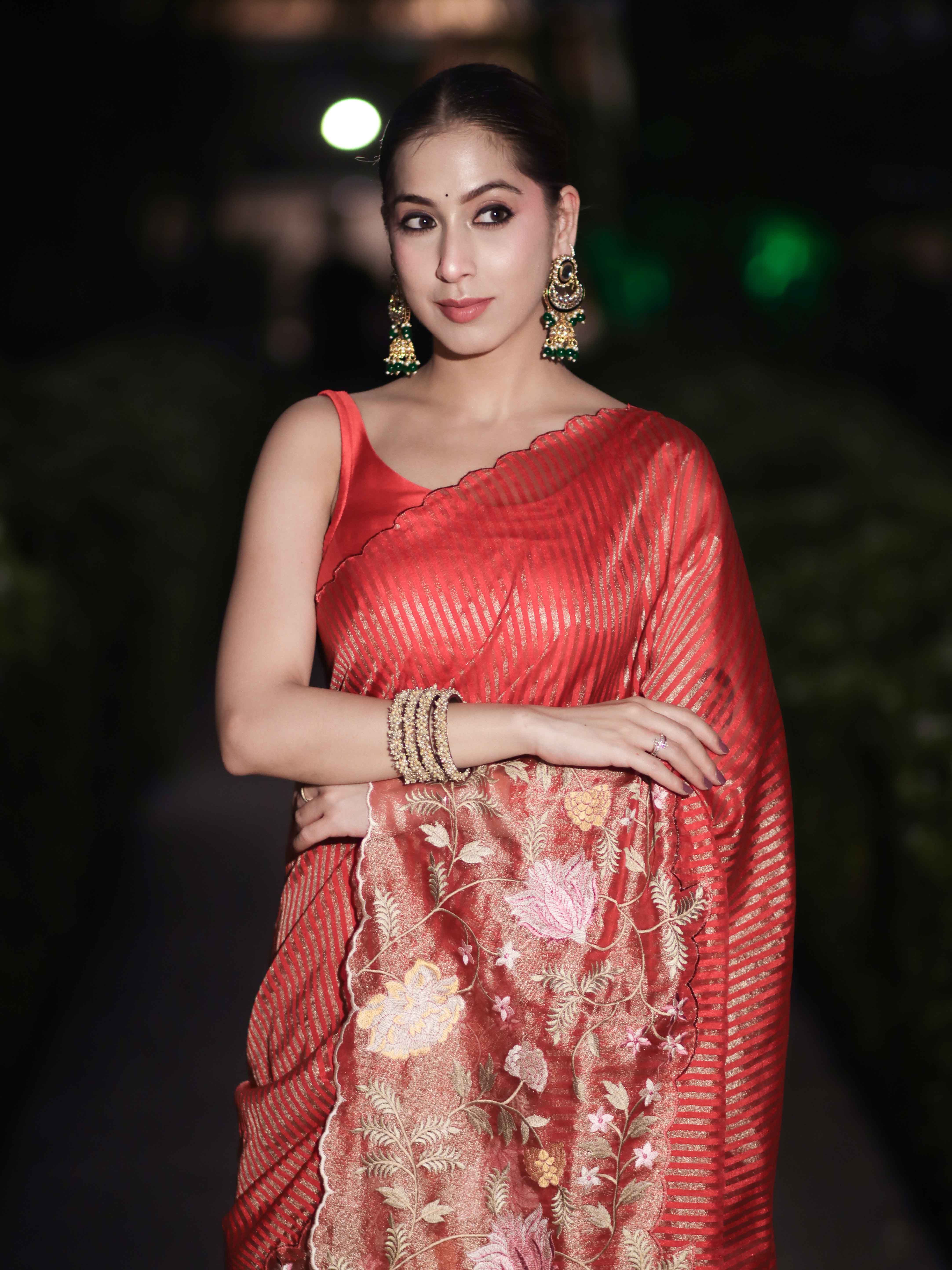 Banarasee Tissue Silk Saree With Zari Stripes & Resham Floral Embroidered Broad Border-Peachy Pink