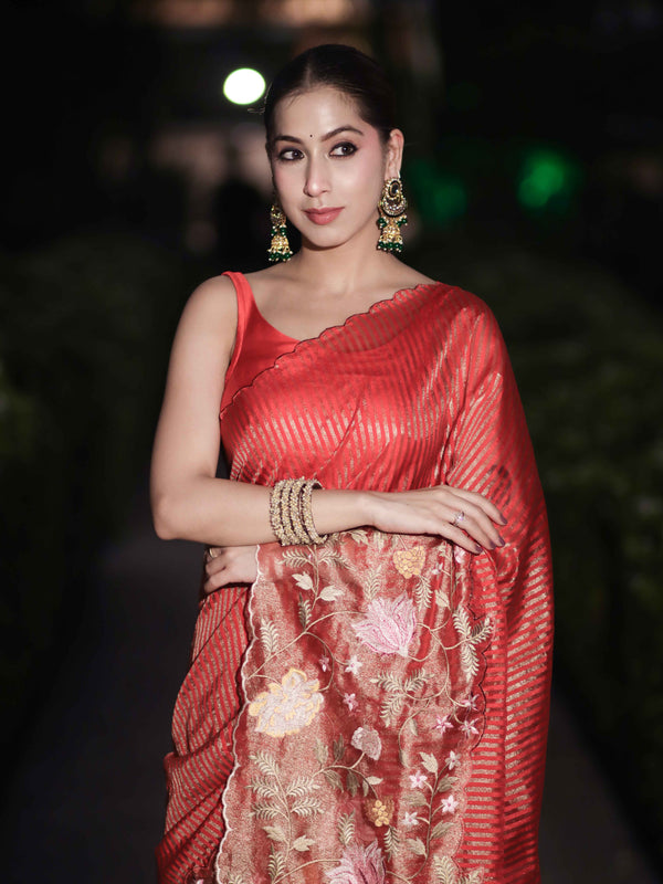 Banarasee Tissue Silk Saree With Zari Stripes & Resham Floral Embroidered Broad Border-Peachy Pink