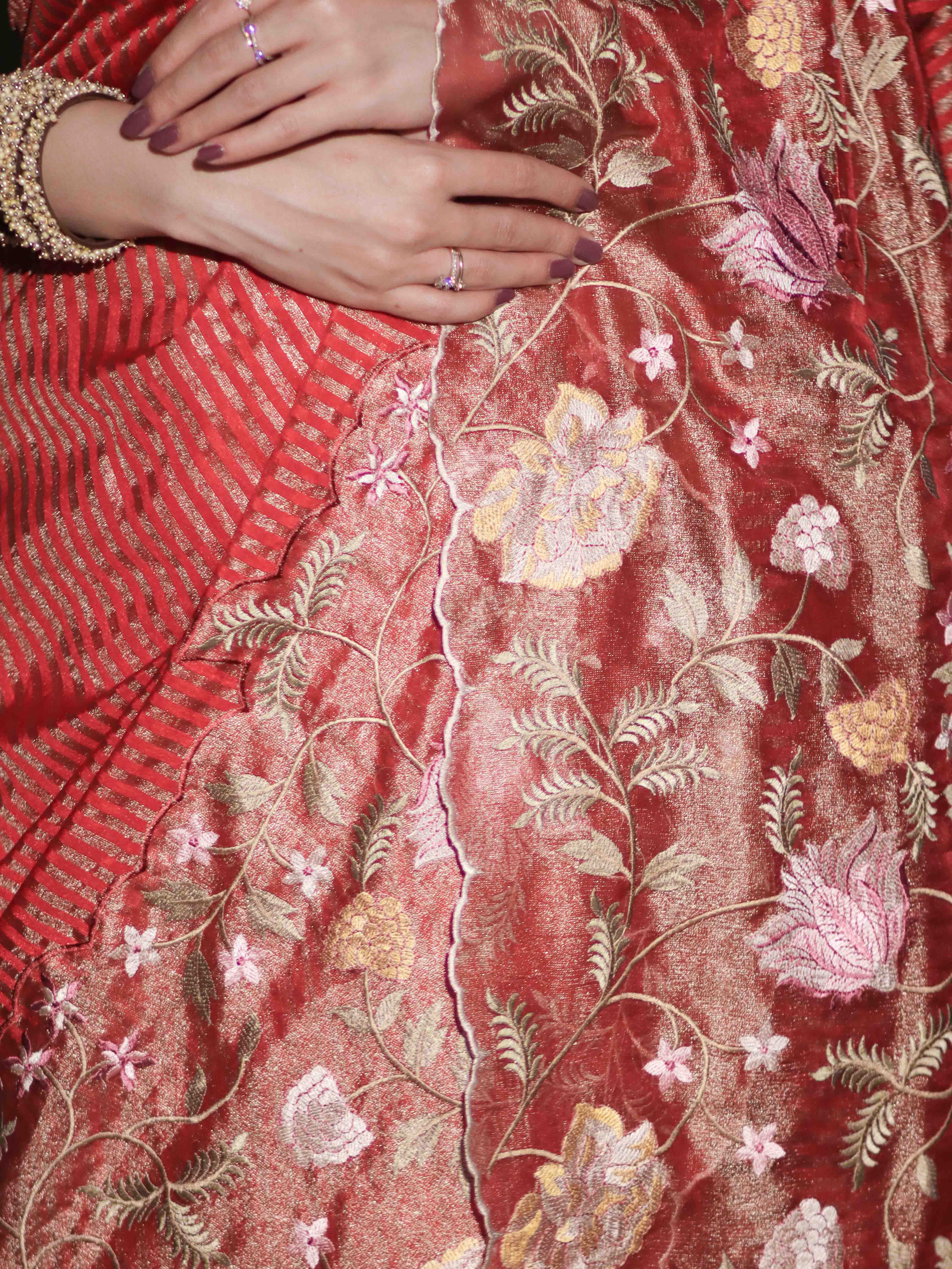 Banarasee Tissue Silk Saree With Zari Stripes & Resham Floral Embroidered Broad Border-Peachy Pink