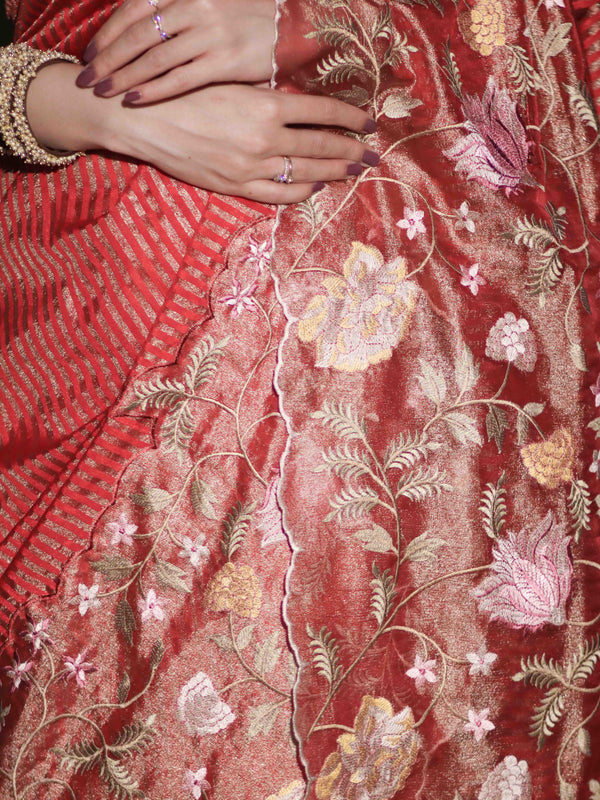 Banarasee Tissue Silk Saree With Zari Stripes & Resham Floral Embroidered Broad Border-Peachy Pink