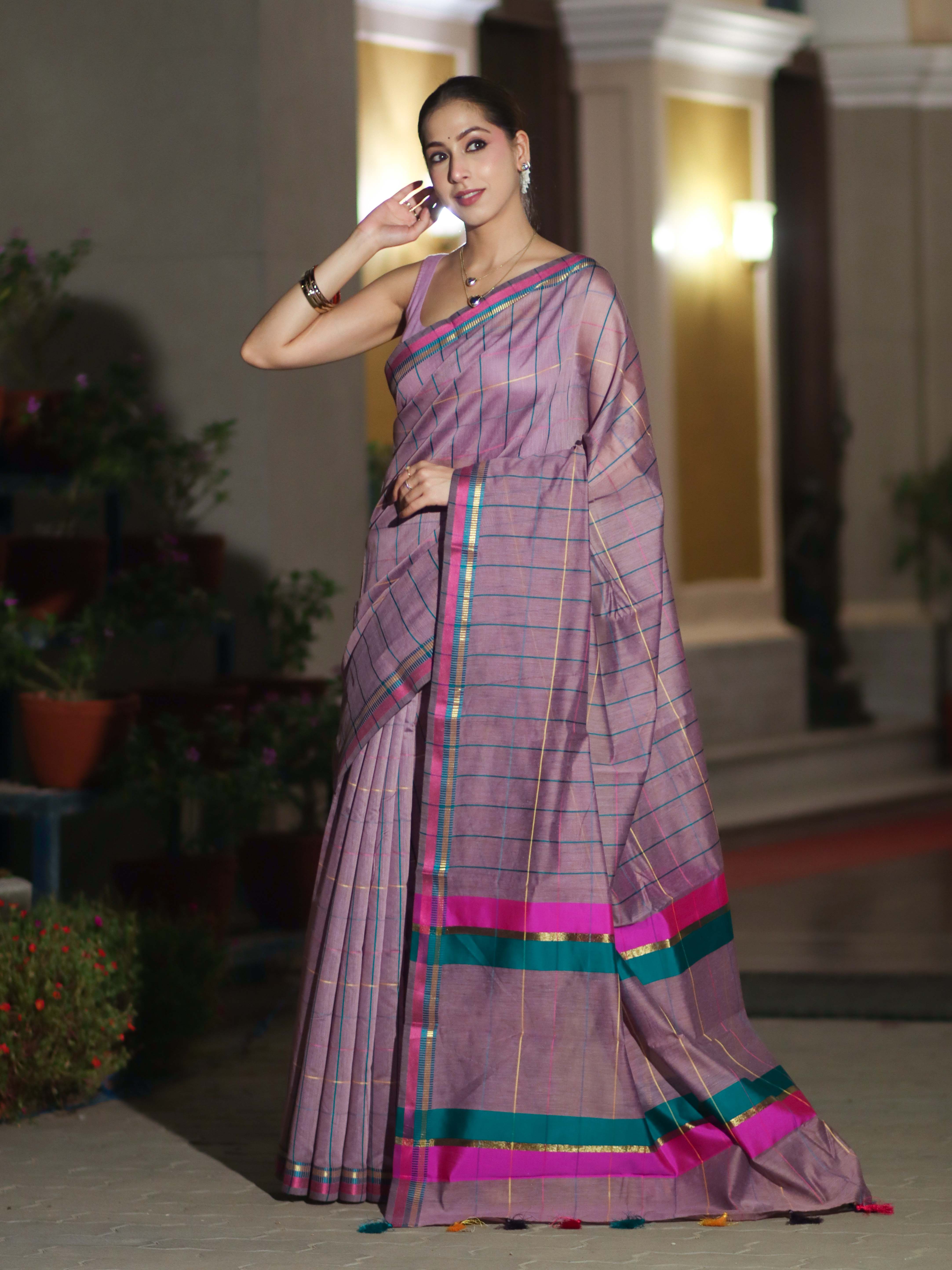 Banarasee Handloom Cotton Silk Saree With Checks Pattern & Border-Lavender