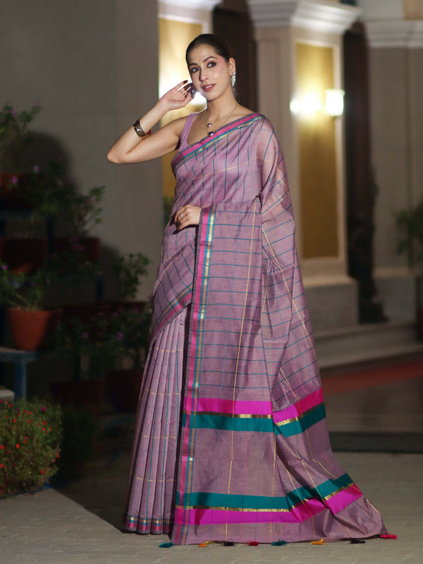 Banarasee Handloom Cotton Silk Saree With Checks Pattern & Border-Lavender