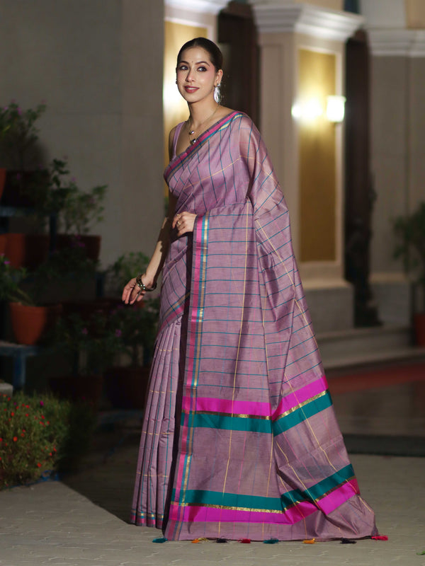 Banarasee Handloom Cotton Silk Saree With Checks Pattern & Border-Lavender