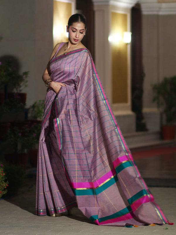 Banarasee Handloom Cotton Silk Saree With Checks Pattern & Border-Lavender