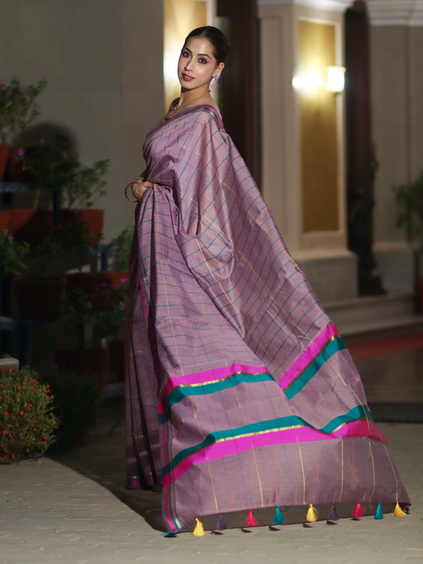 Banarasee Handloom Cotton Silk Saree With Checks Pattern & Border-Lavender