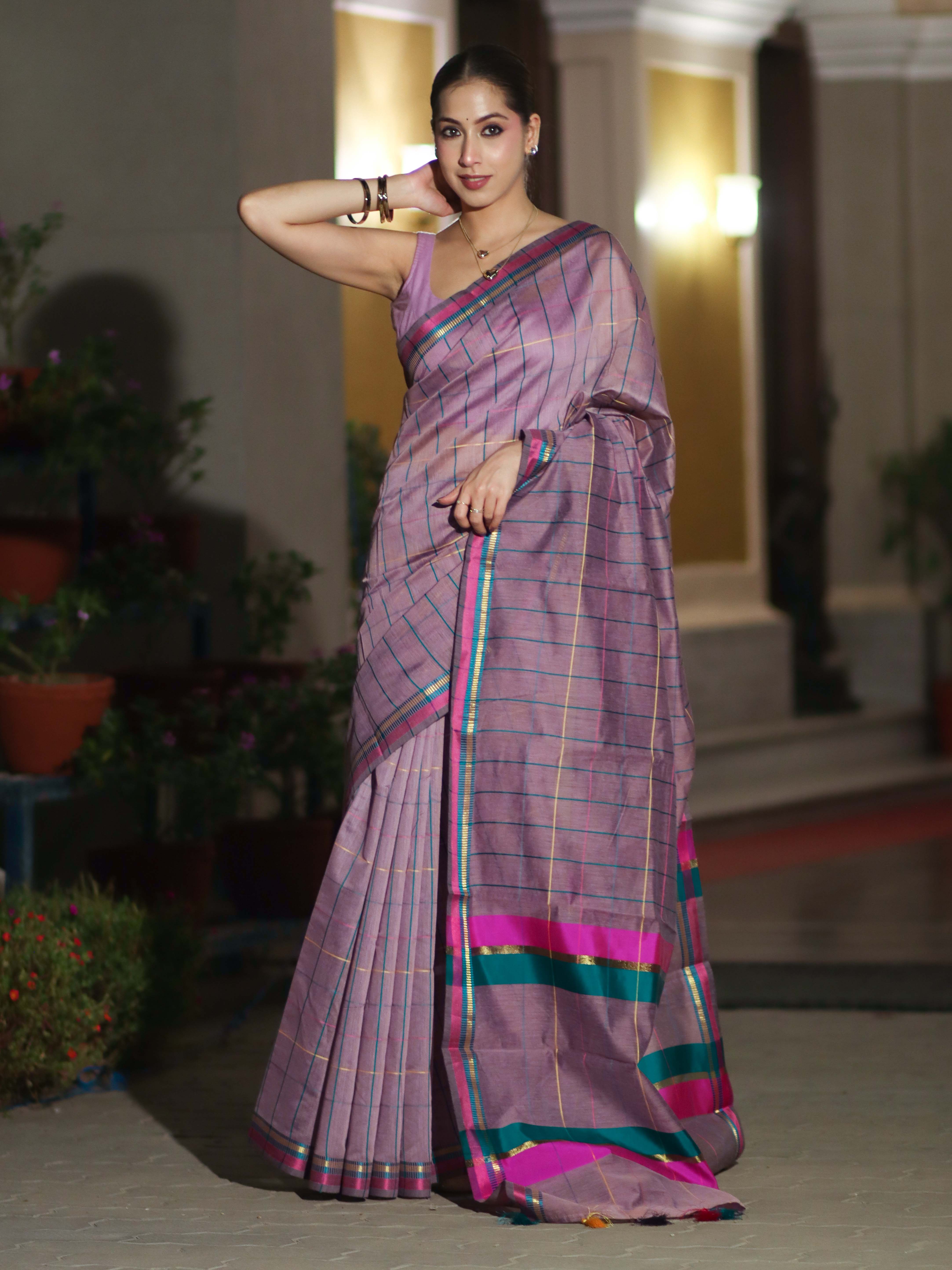 Banarasee Handloom Cotton Silk Saree With Checks Pattern & Border-Lavender
