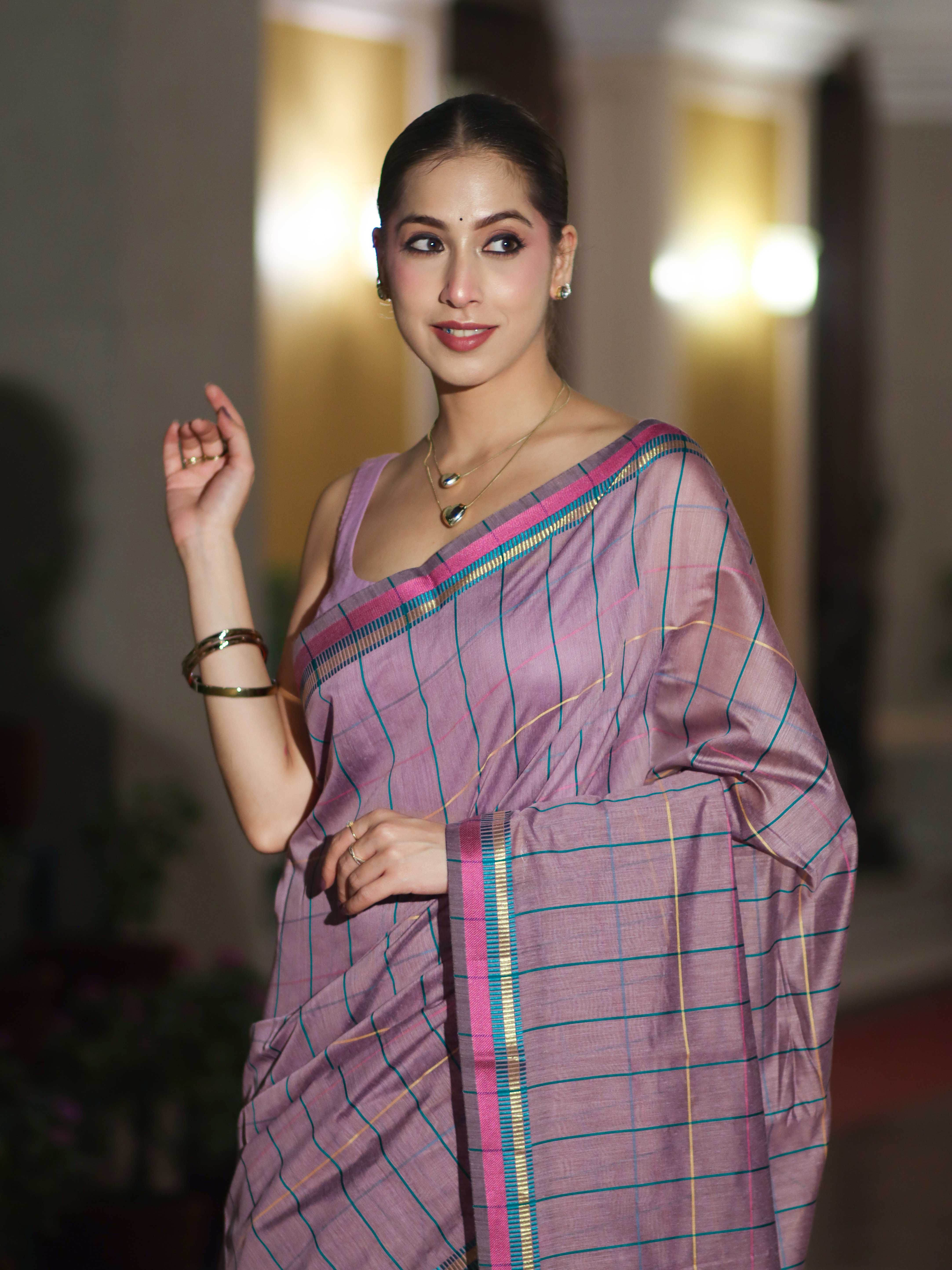 Banarasee Handloom Cotton Silk Saree With Checks Pattern & Border-Lavender