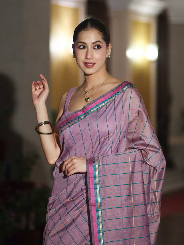 Banarasee Handloom Cotton Silk Saree With Checks Pattern & Border-Lavender