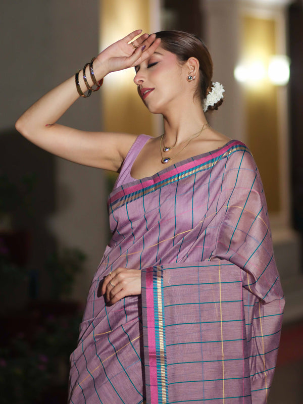 Banarasee Handloom Cotton Silk Saree With Checks Pattern & Border-Lavender