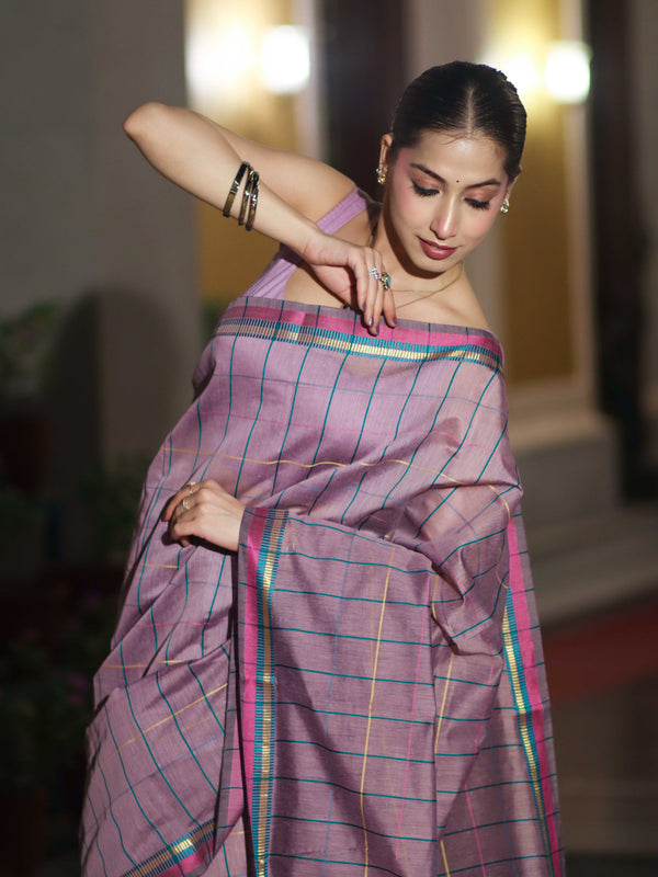 Banarasee Handloom Cotton Silk Saree With Checks Pattern & Border-Lavender