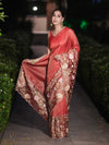 Banarasee Tissue Silk Saree With Zari Stripes & Resham Floral Embroidered Broad Border-Peachy Pink