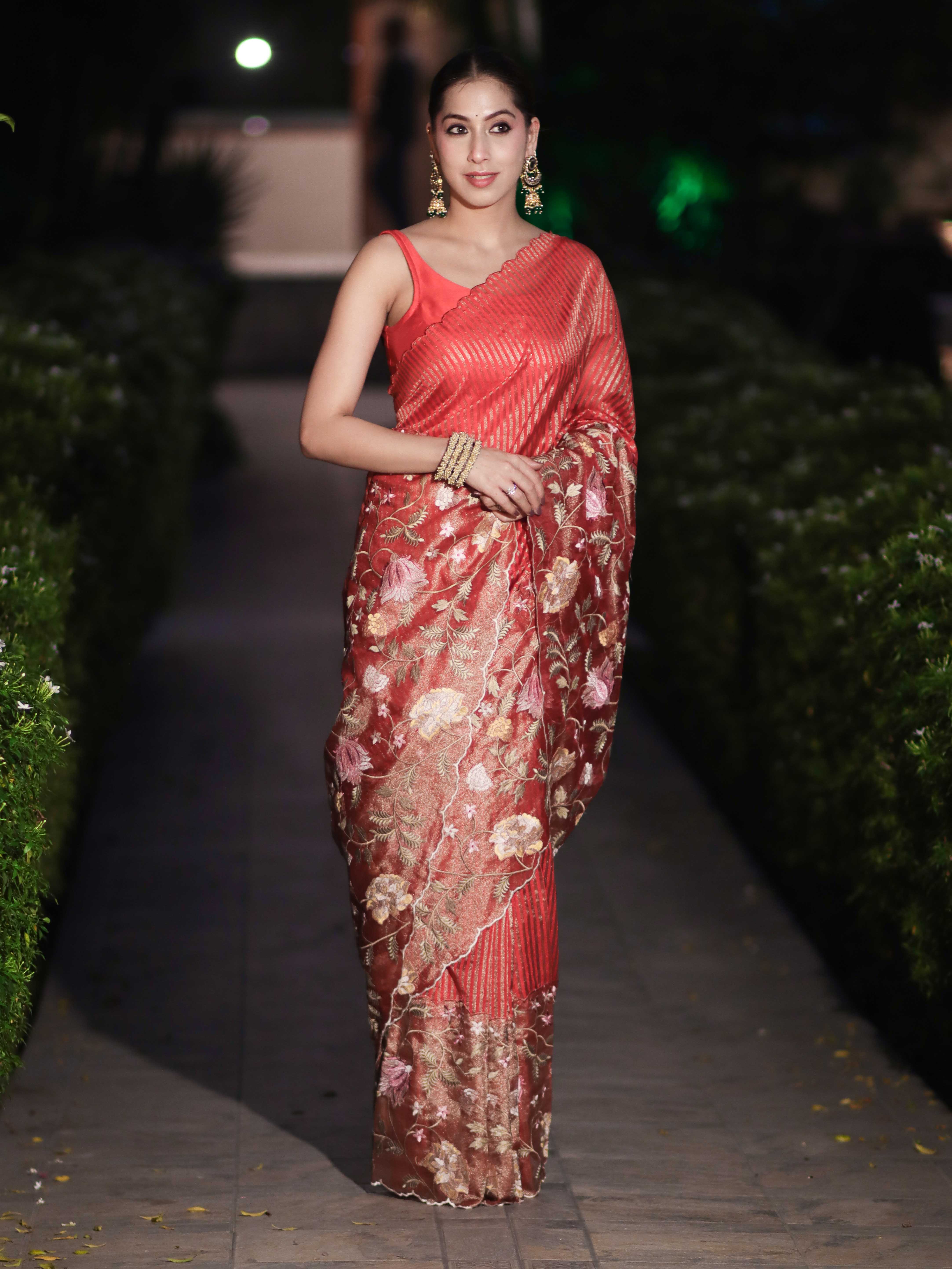Banarasee Tissue Silk Saree With Zari Stripes & Resham Floral Embroidered Broad Border-Peachy Pink