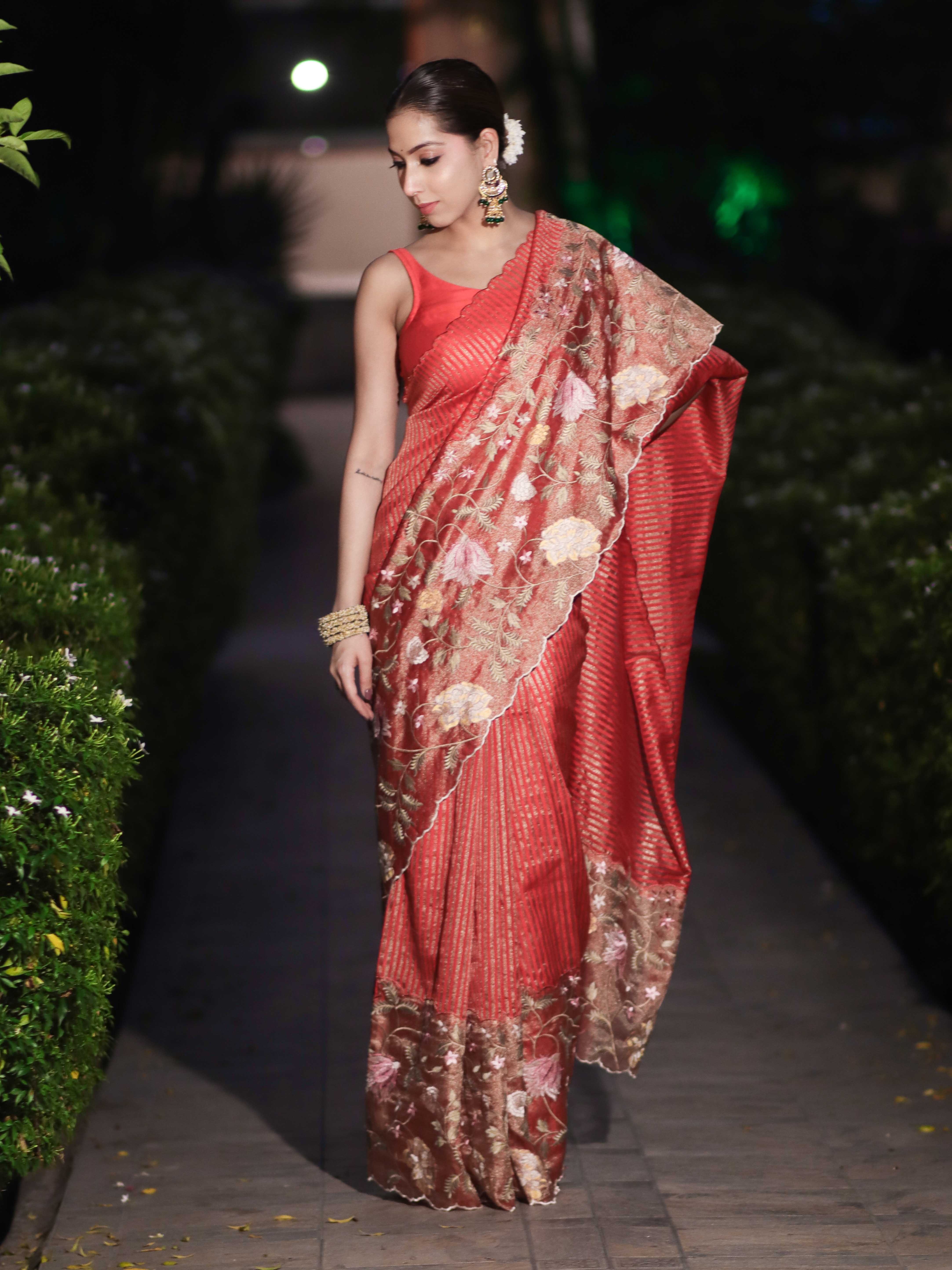 Banarasee Tissue Silk Saree With Zari Stripes & Resham Floral Embroidered Broad Border-Peachy Pink